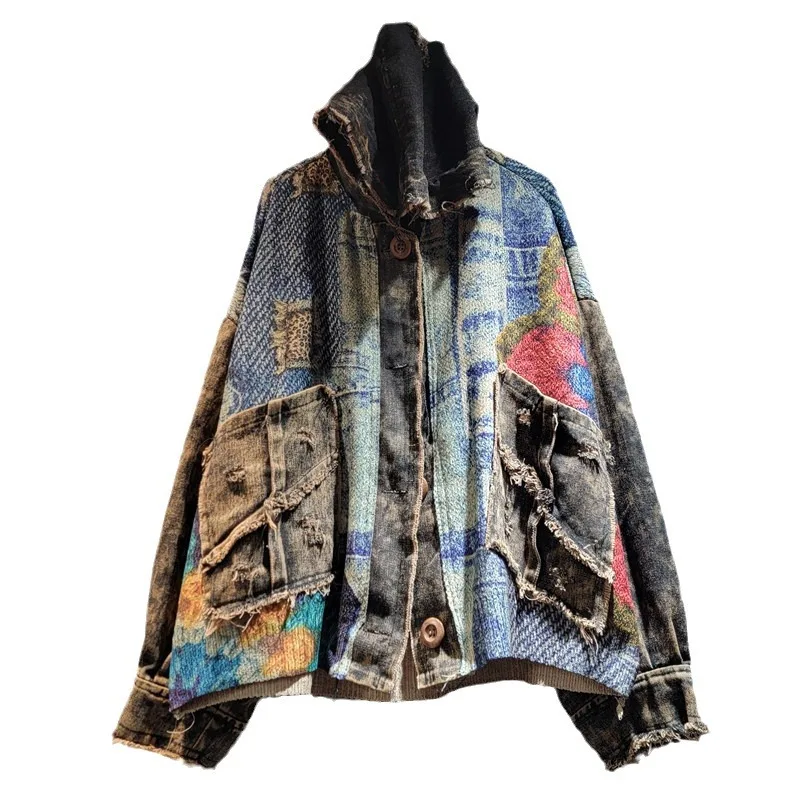 Fashion Versatile Loose Contrasting Color Printing Splicing Old Color Denim Hooded Cardigan Jacket Women 2024 Autumn New Coats