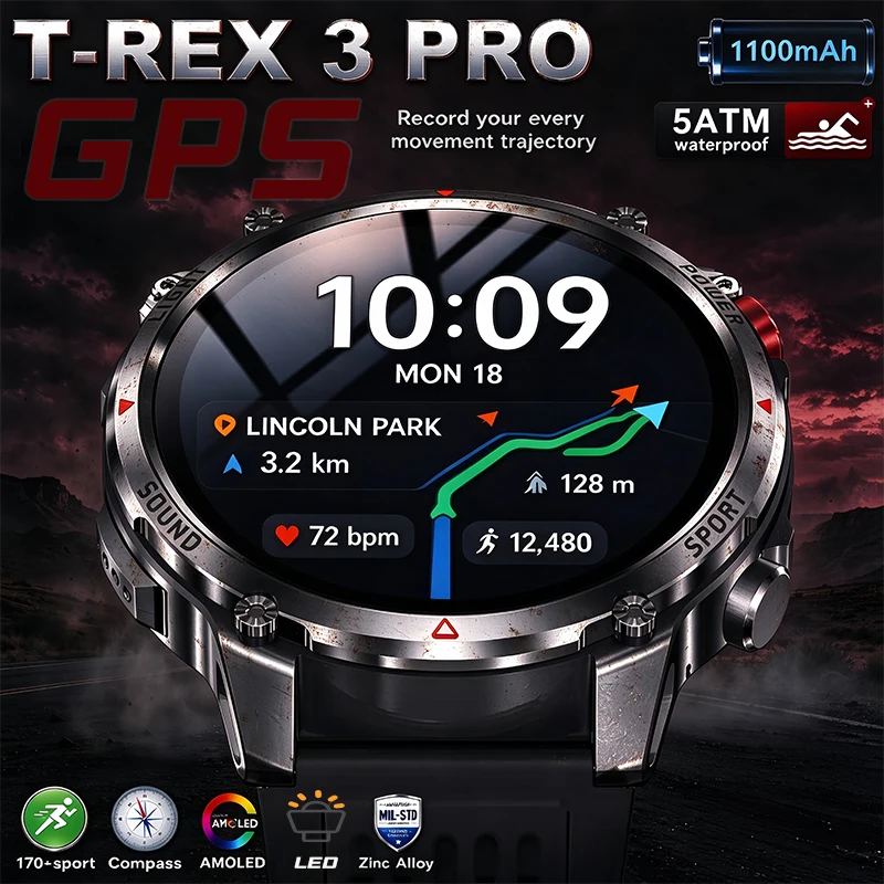 2026 New T-Rex3 Pro 1100mAh Battery Smart Watch GPS path 5ATM Waterproof Sports Run tracker Outdoors Compass Military Smartwatch