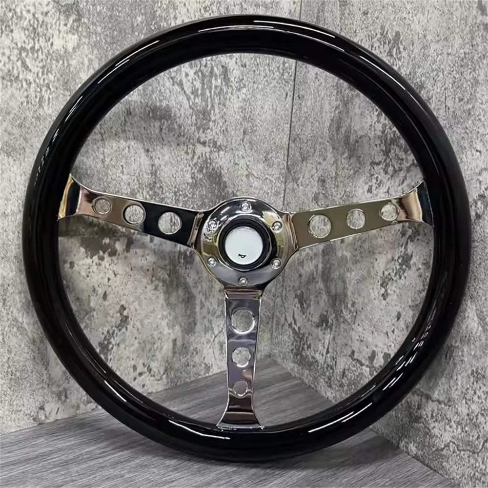 Black Solid Wood Steering Wheel 380mm 15 Inch with Electroplated Bracket for Car Interior Decorative Spoke Style