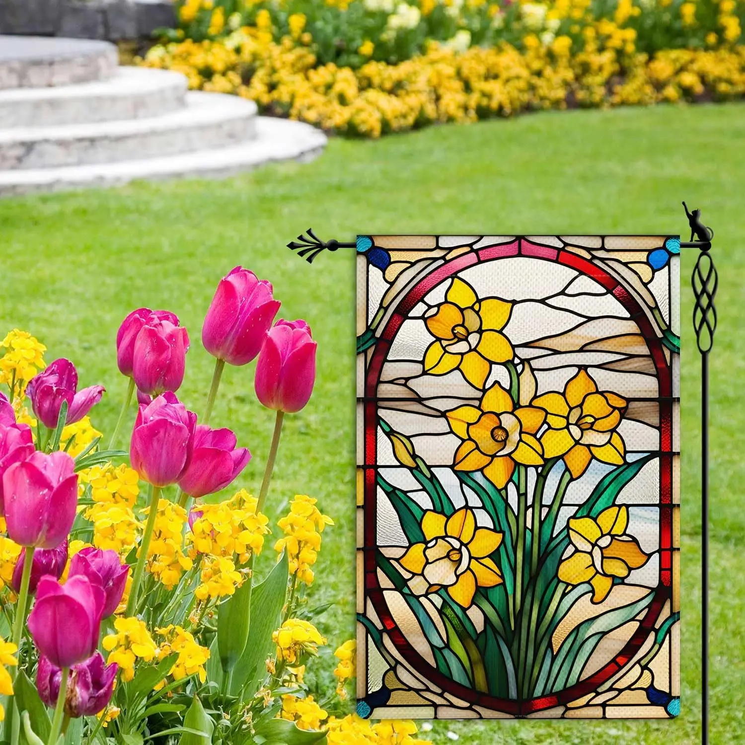 Spring Daffodil Garden Flag Stained Glass Style Spring Summer Floral Flower Garden Flag Vertical Double Sided Rustic Farmlan PPM