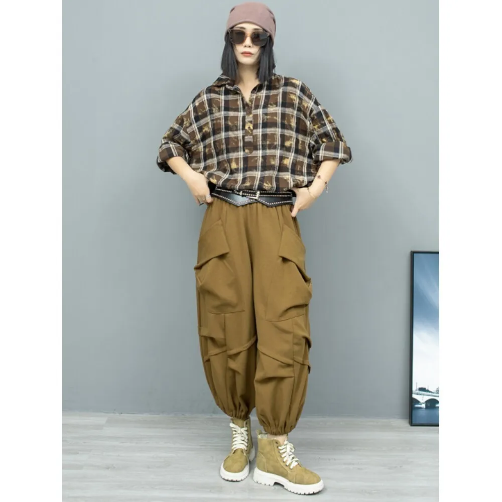 

Personalized Fashion Pant Set Women 2024 Autumn Contrasting Color Checkered Shirt + Wide Leg Lantern Pant Two Piece Set LX2163