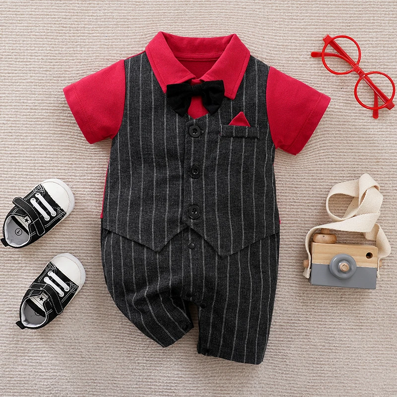 Gentleman\'s vest Striped Fashion Jumpsuit Summer newborn Baby black Short Sleeved Handsome Bow Tie 0-12 Months kids jumpsuit