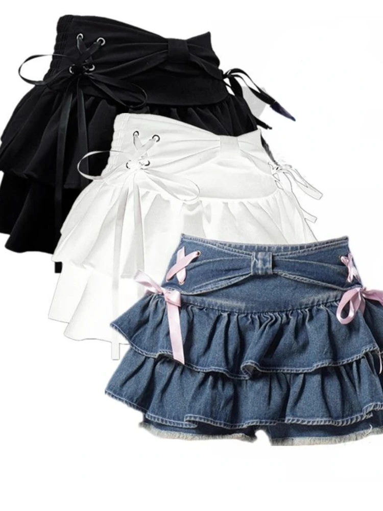 

Black Japanese Kawaii Lolita Denim Skirt Women A-line Korean Bow Designer Skirt Female Lace Casual Ruffle Party Mini Skirts 2024