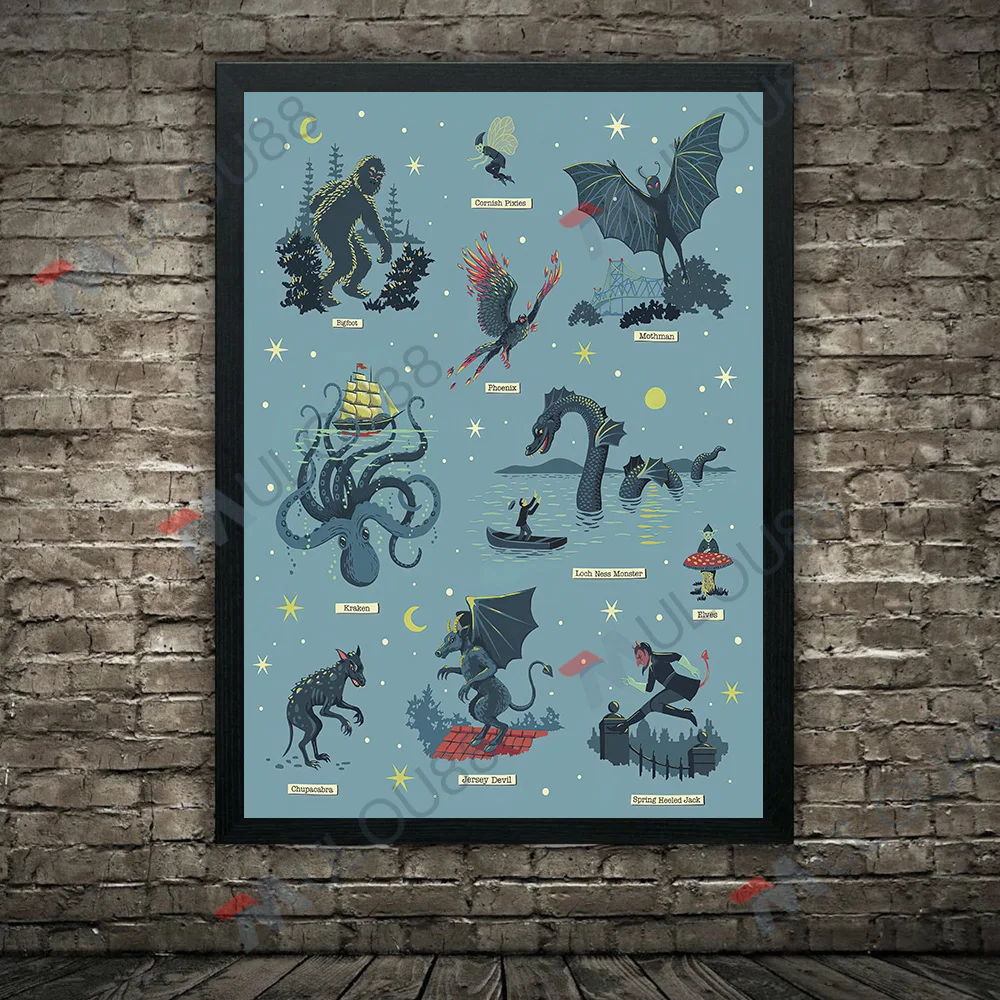 فيلم الوحش والمخلوقات الخارقة للطبيعة خمر الرسم على لوحات القماش الجدارية طباعة ، الغريبة ، UFO ، العثمان ، كراكن ملصق فني طباعة