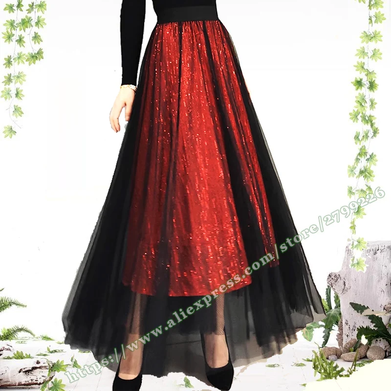 2023 Autumn Fashion Elegant Red Sequin A-line Womens Maxi Skirt , Woman evening party Mesh Pleated Ladies' Long Skirts Womens