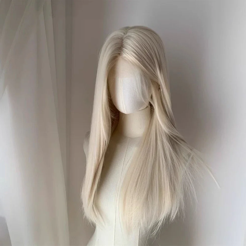Platinum Blonde Wig for Women Lace Front Wig Long Straight Slanted Fringe Synthetic High Skull Top Layering Wigs Heat Resistant