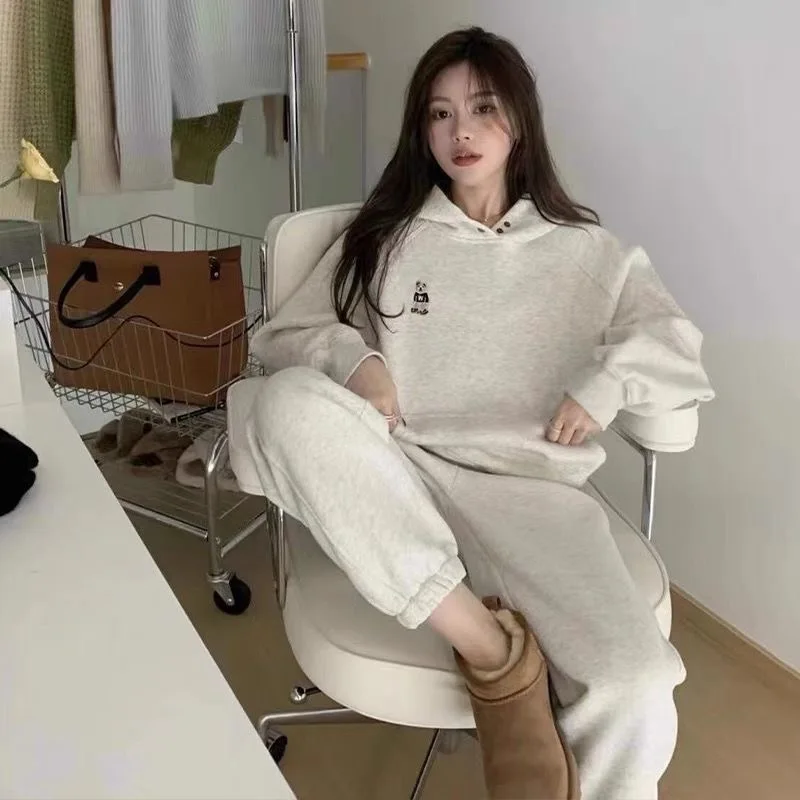 Casual Velvet Lined Women Tracksuit Fall Winter Warm Loose Hooded Jackets Coats Tops Outfit High Waist Harem Pants 2 Piece Sets image 4