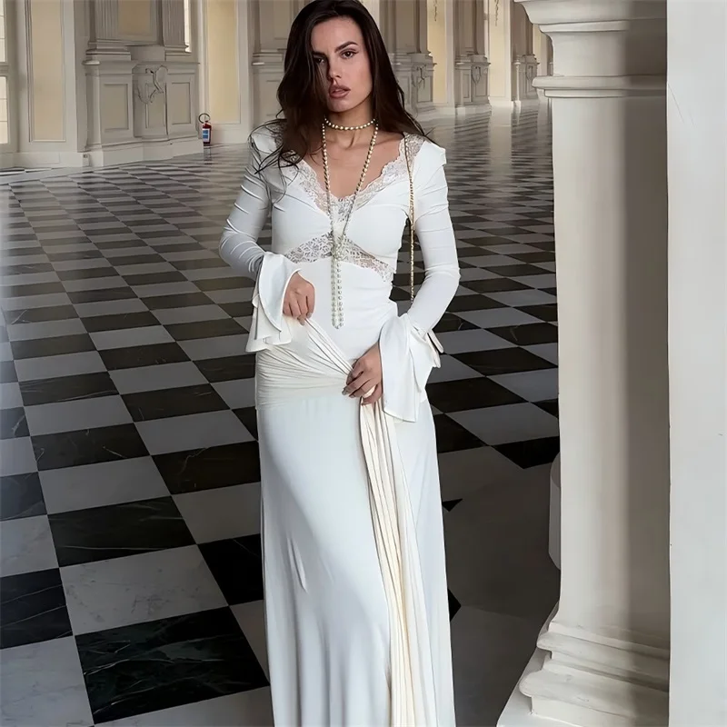 

Deep-V Neck Lace Flared Sleeves Women's Evening Dress Backless Ribbon Bandage Gown White Sheath Party Skirt New Arrival In Stock