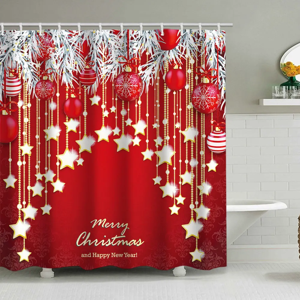 

1PC Red Christmas Shower Curtain Santa Claus Gift Green Pine Branches Xmas Ball Home Bathroom Decor Christmas Decor For Bathroom