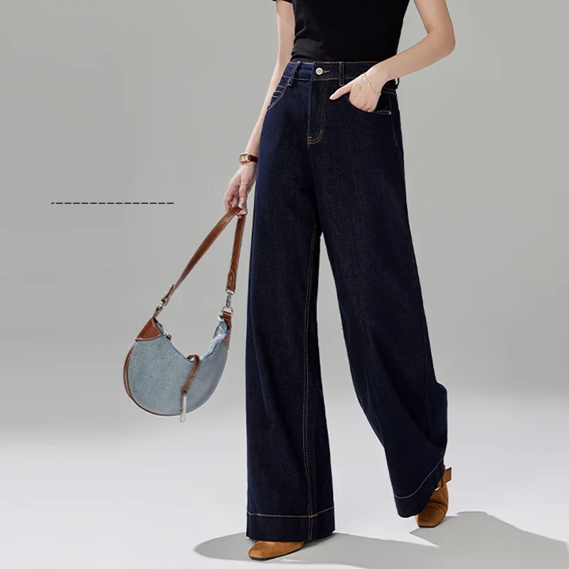 Women's High Rise Wide Leg Dark Denim Jeans, Contrast Stitching Loose Fit Full Length Trousers, Casual Office Classic Pants