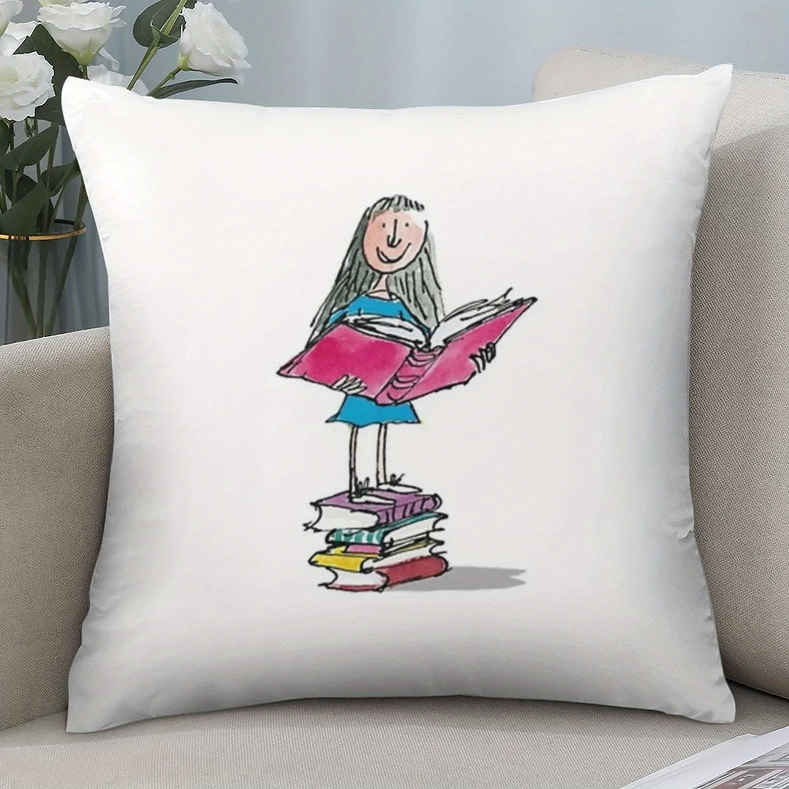 Bookish Girl Illustration Pillow Cover Square Polyester Cushion Case Zipper Washable – Stylized Reader on Stack of Books