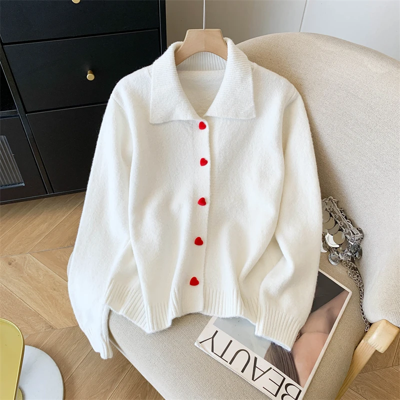 

Women White Polo-Neck Cardigan Sweater 90s Vintage 2000s Y2k Knitwear Outerwear Long Sleeves Sweater Autumn Winter Clothes 2025