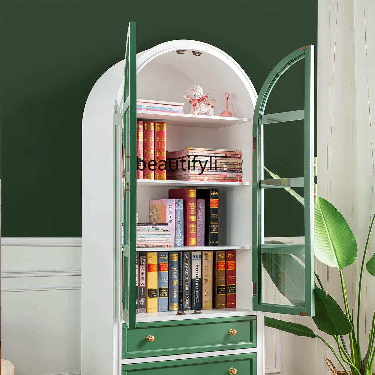 American solid wood bookcase, green storage, arched glass door storage, French style, display cabinet