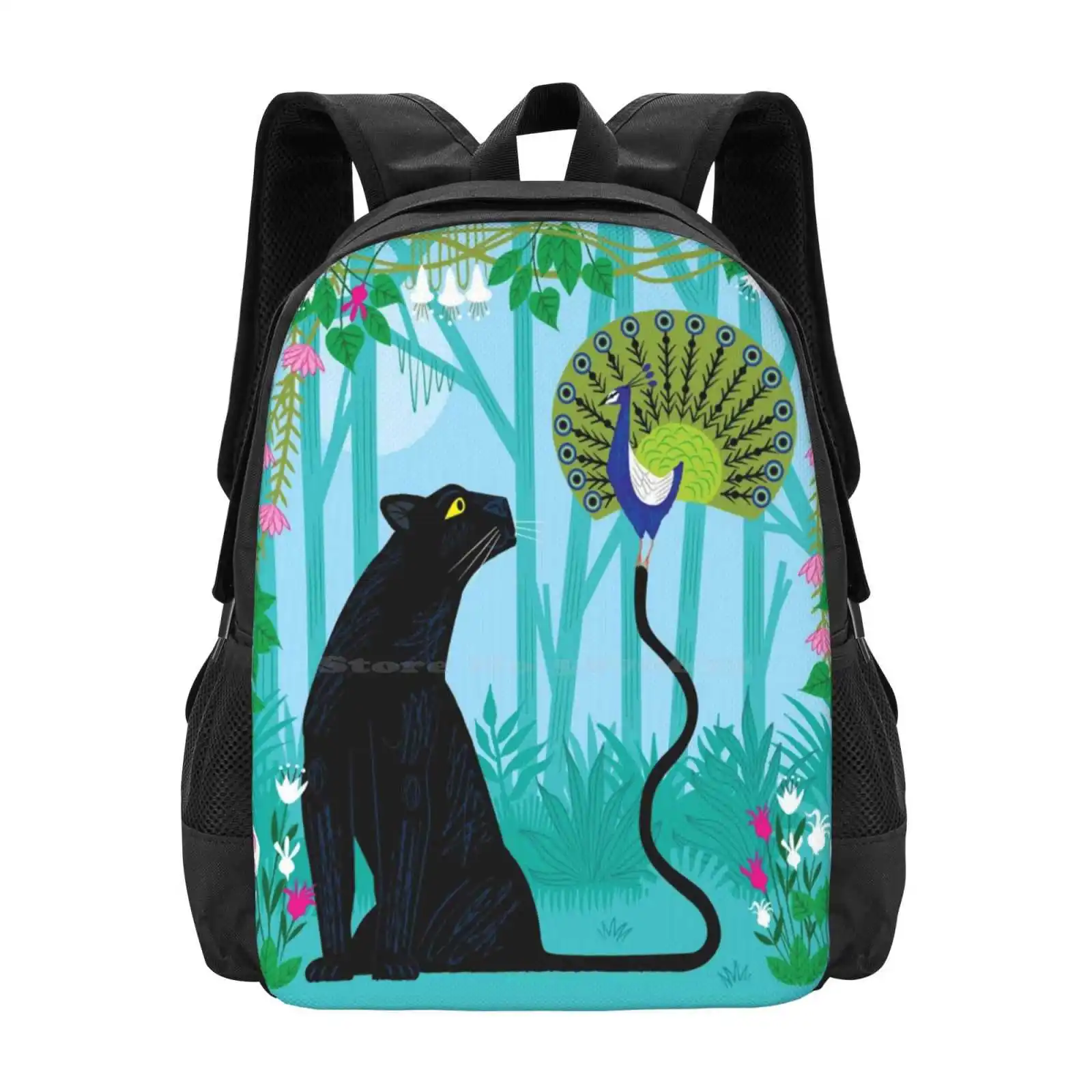 

The Peacock And The Panther Hot Sale Backpack Fashion Bags Animals Birds Panthers Jungle Childrens Cute Funny Nature Wildlife