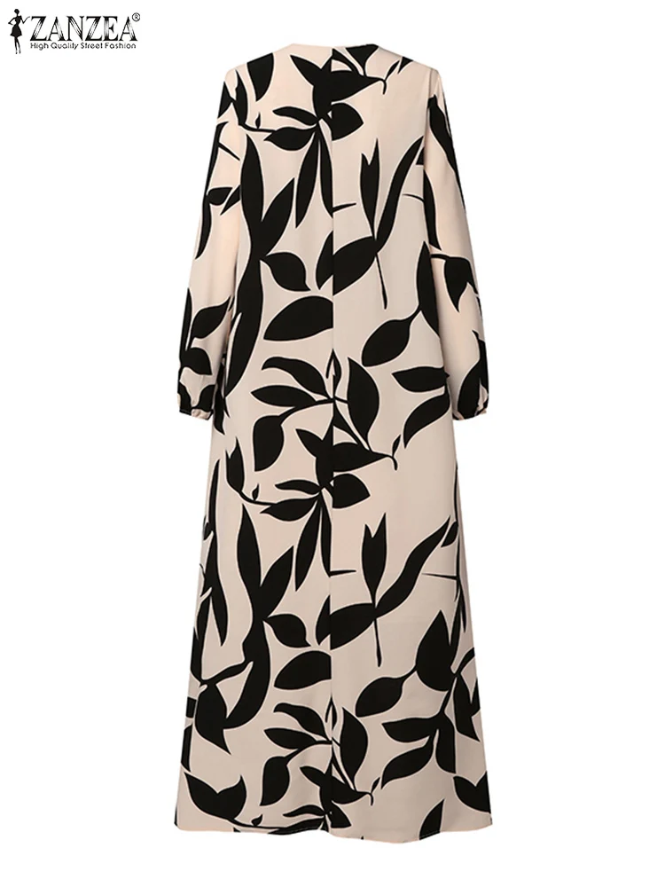 ZANZEA Women Islamic Abaya Robes Ruffled All-Over Printed Long Sleeve Muslim Fashion A-line Vestidos O Neck Casual Maxi Dress