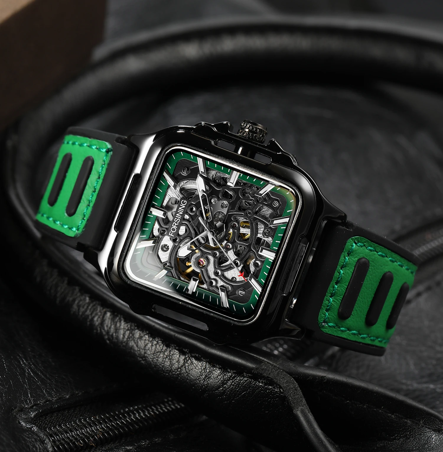 FORSINING Original Square Skeleton Mechanical Men Wristwatches Automatic Movement Field Sport Green Rubber Luxury Replica Watch