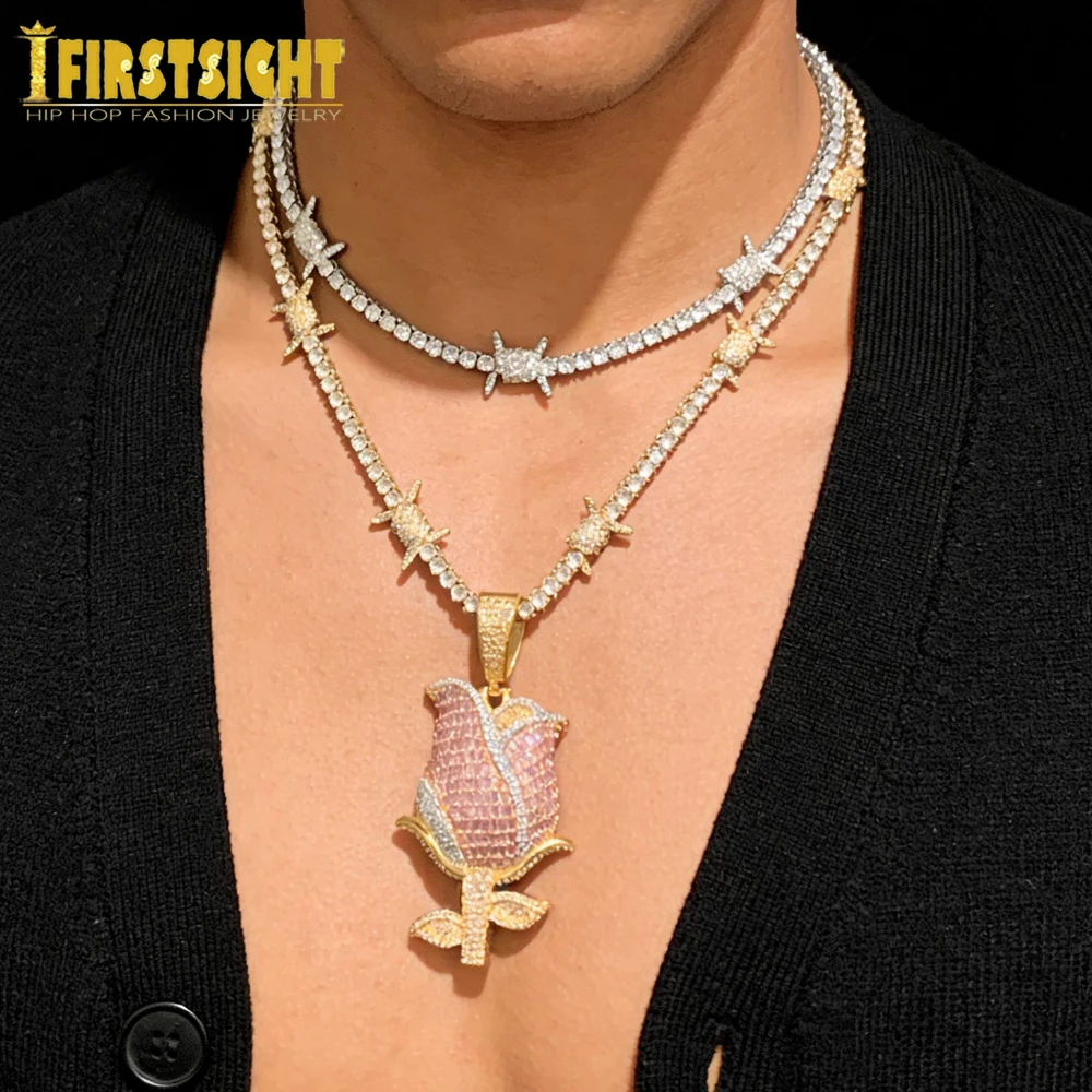 Iced Out Bling Rose Flower Pendant Necklace For Women Men Barbed Wire 3mm Tennis Chain Cubic Zirconia Charm Hip Hop Jewelry