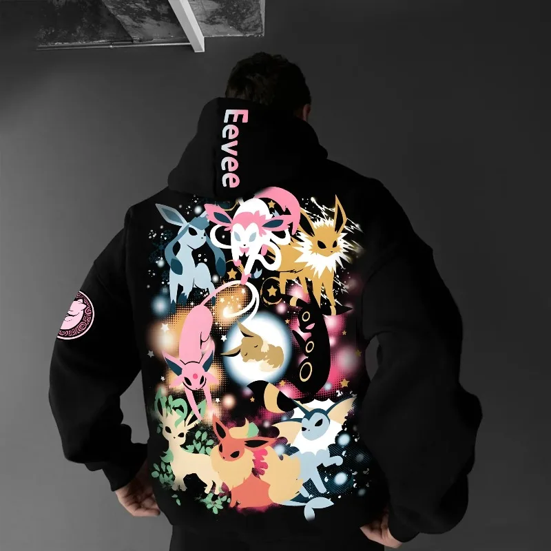 2025 Pok É Mon personaje clásico Eevee familia impresa hombres y mujeres Otoño/Invierno grueso y ancho Y2K Halloween COS Sudadera con capucha ancha