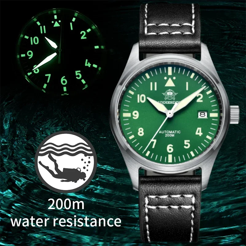 Addiesdive relógio automático nh35 movimento c3 data luminosa mostrador preto 39mm vidro safira à prova dwaterproof água clássico 200m relógios de mergulho