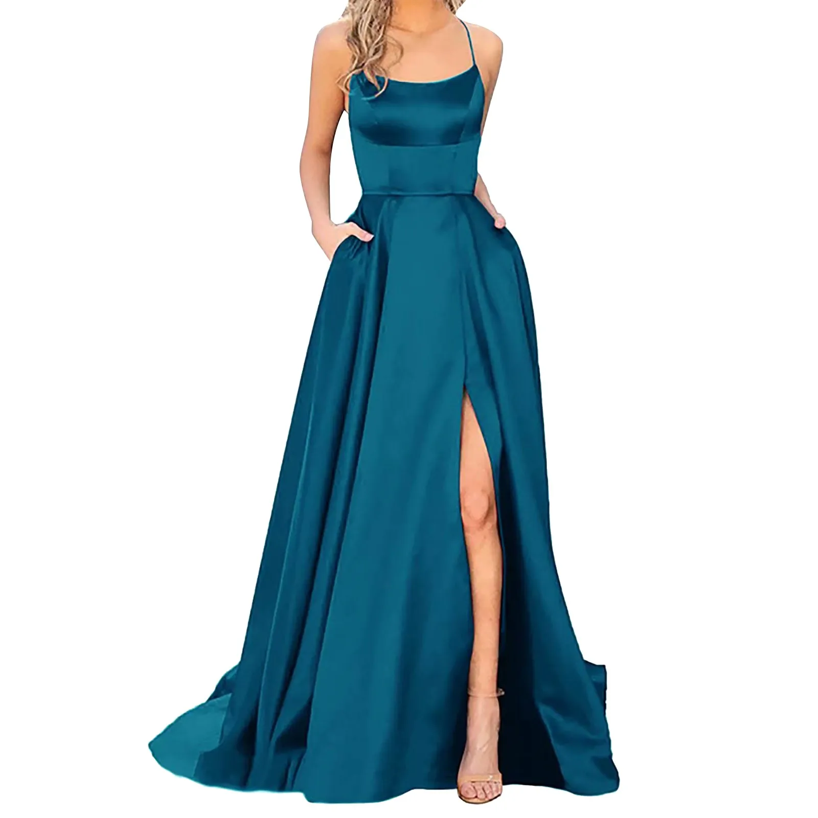 Women'S Backless Satin Halter Ball Dress Spaghetti Straps High Waisted Side Slit Sexy Evening Dress Elegant Banquet Dress