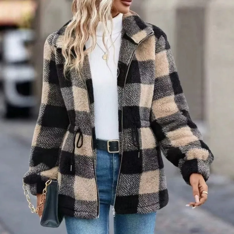 2026 New Autumn/Winter Women's Coat With Grid And Zipper Strap Fashionable Comfortable Versatile Simple Daily And Commuter Coat