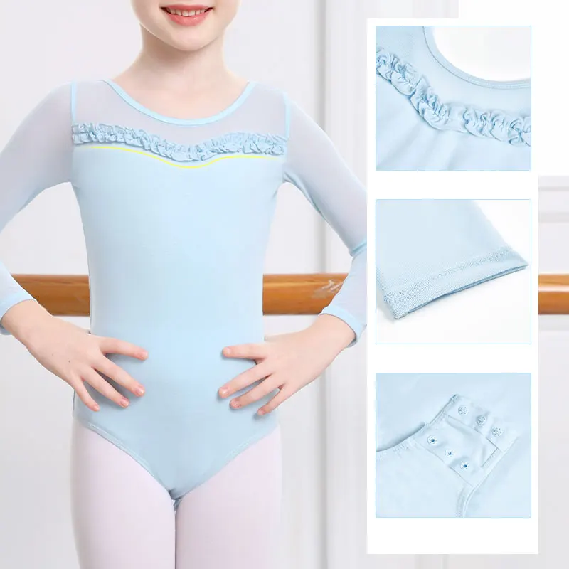 Girls Ballet Leotards Mesh Splice Long Sleeves Dance Leotards Child Gymnastic Leotard Kids Cotton Lace Ballet Dance Bodysuit