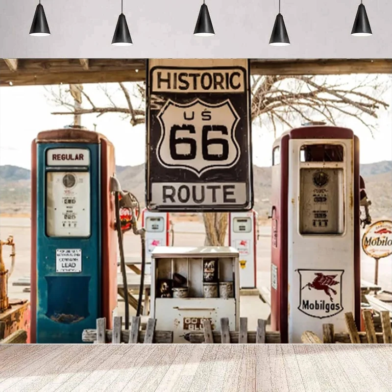 Route 66 Photography Backdrop Old Historic Gas Station Boy Birthday Party Decor Adult Portrait Background Wall Banner Poster