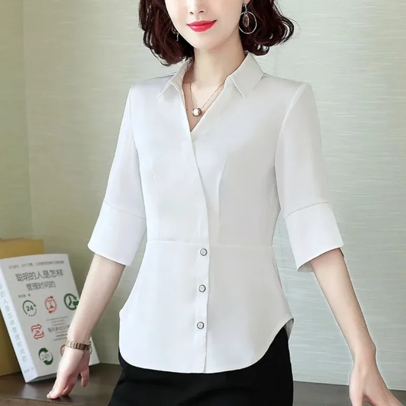 Spring Summer Women\'s Clothing Turn-down Collar Solid Color Pullover Button V-Neck Half Sleeve Shirt Elegant Fashion Tops