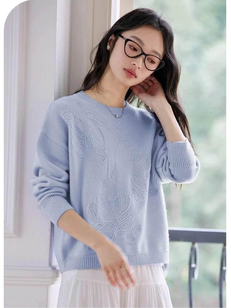 

VIMLY Sweaters for Women Floral O-neck Crochet Casual Wool Sweater Autumn 2025 Long Sleeve Loose Strecth Female Pullovers 73898