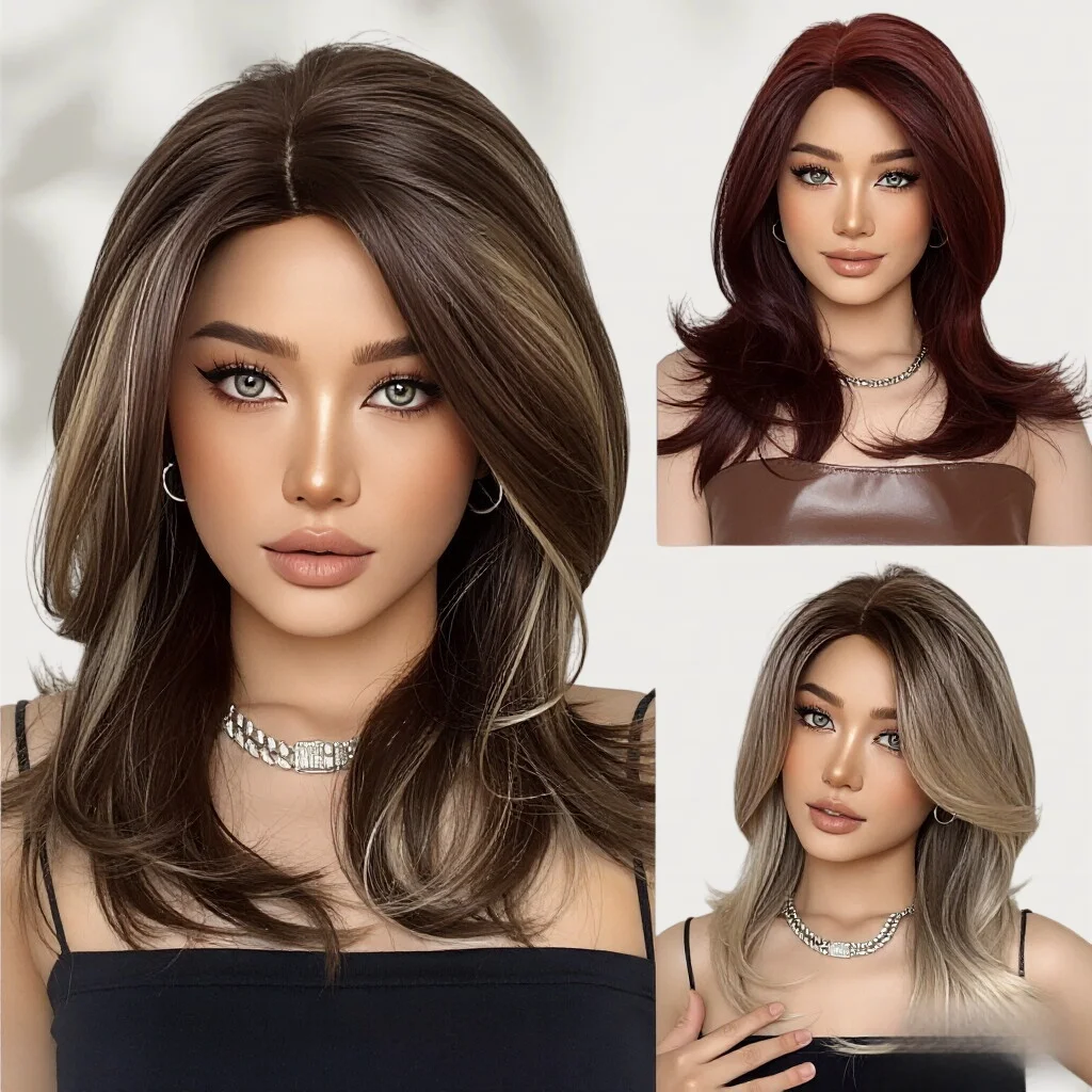 

Gradient side-parted medium-length synthetic wig with French bangs, layered hairstyle, suitable for women's daily parties