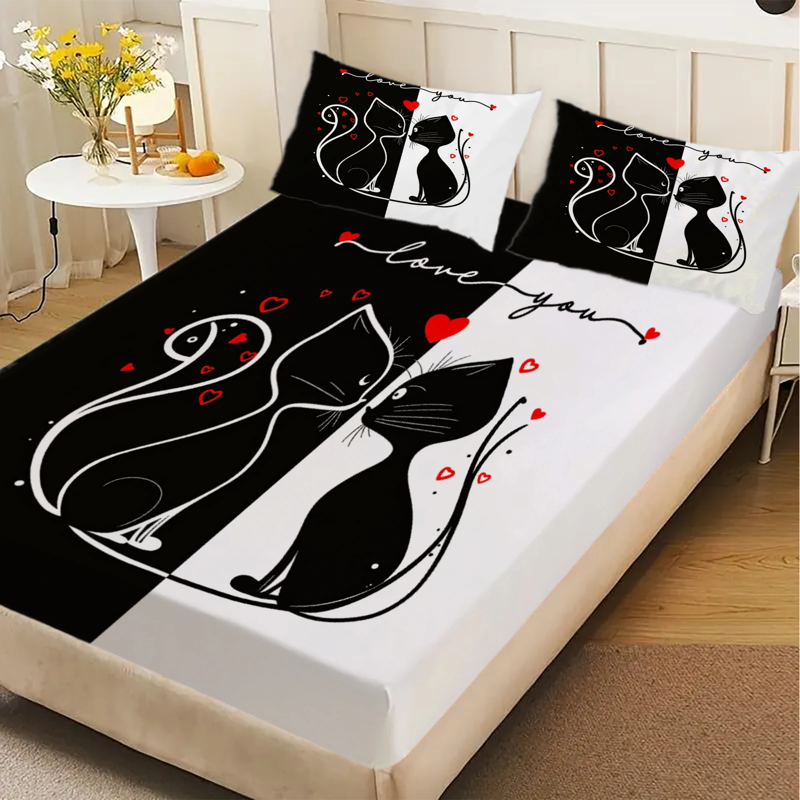 Love You Couple Cat Fitted Sheet Set Black White Split Design Bedding with Pillowcases Soft Polyester Bed Linen For Bedroom