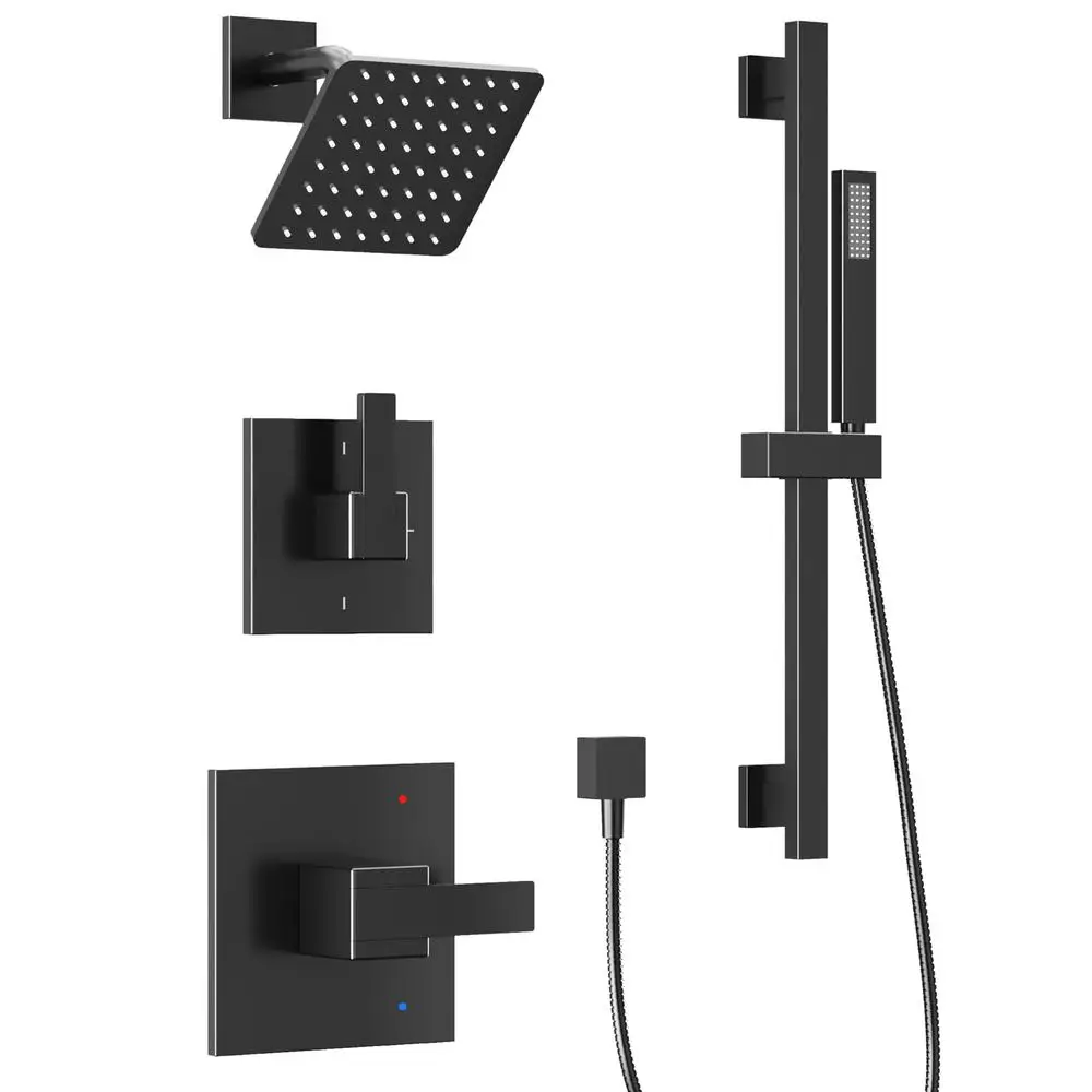 Black Shower Faucet Set with Slide Bar All Metal System Valve 6