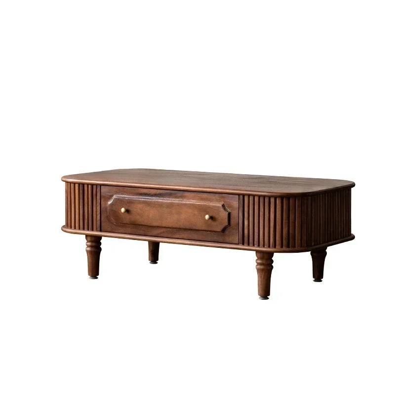 Medieval French retro style solid wood coffee table small apartment, ash wood oval double-layer coffee t able