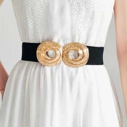 Stylish women's belt elastic elastic metal texture buckle with dress shirt waist wrap