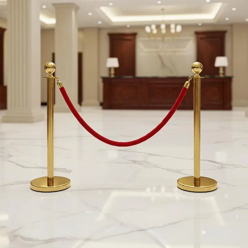 Rust Proof Gold Stanchion Posts Fluffy Red Velvet Ropes VIP Crowd Control Barriers for Outdoor Wedding Event