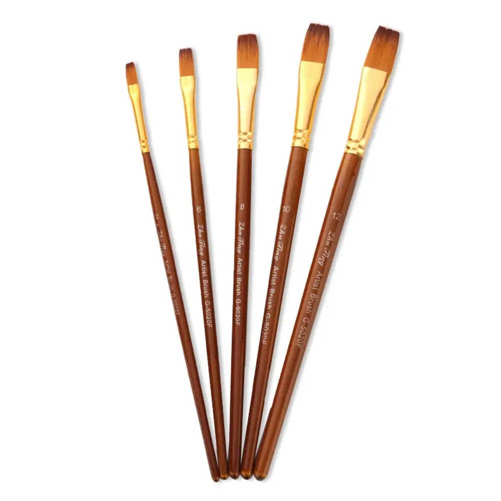 

5Pcs Nylon Wool Paint Wood Handle Oil Painting Brush Gouache Acrylic Oil Painting Brush for Students Artists Use (Flat Flax Tip)