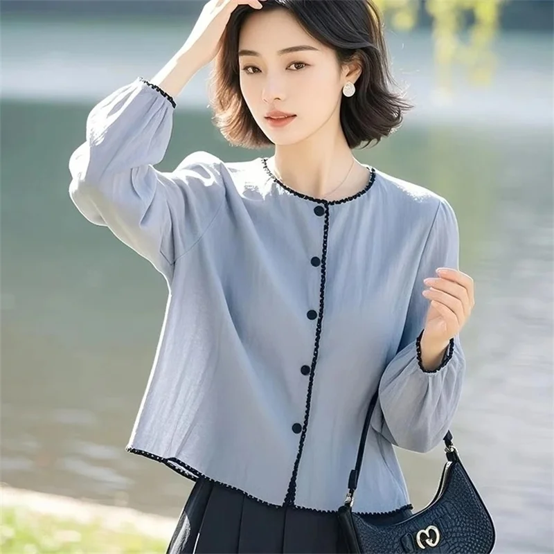 

New 2025 Super Beautiful Women's Shirt Spring Summer Round Neck Blue Ginger Shirt Cotton Hemp Shirt Coat Top Sunscreen Coat