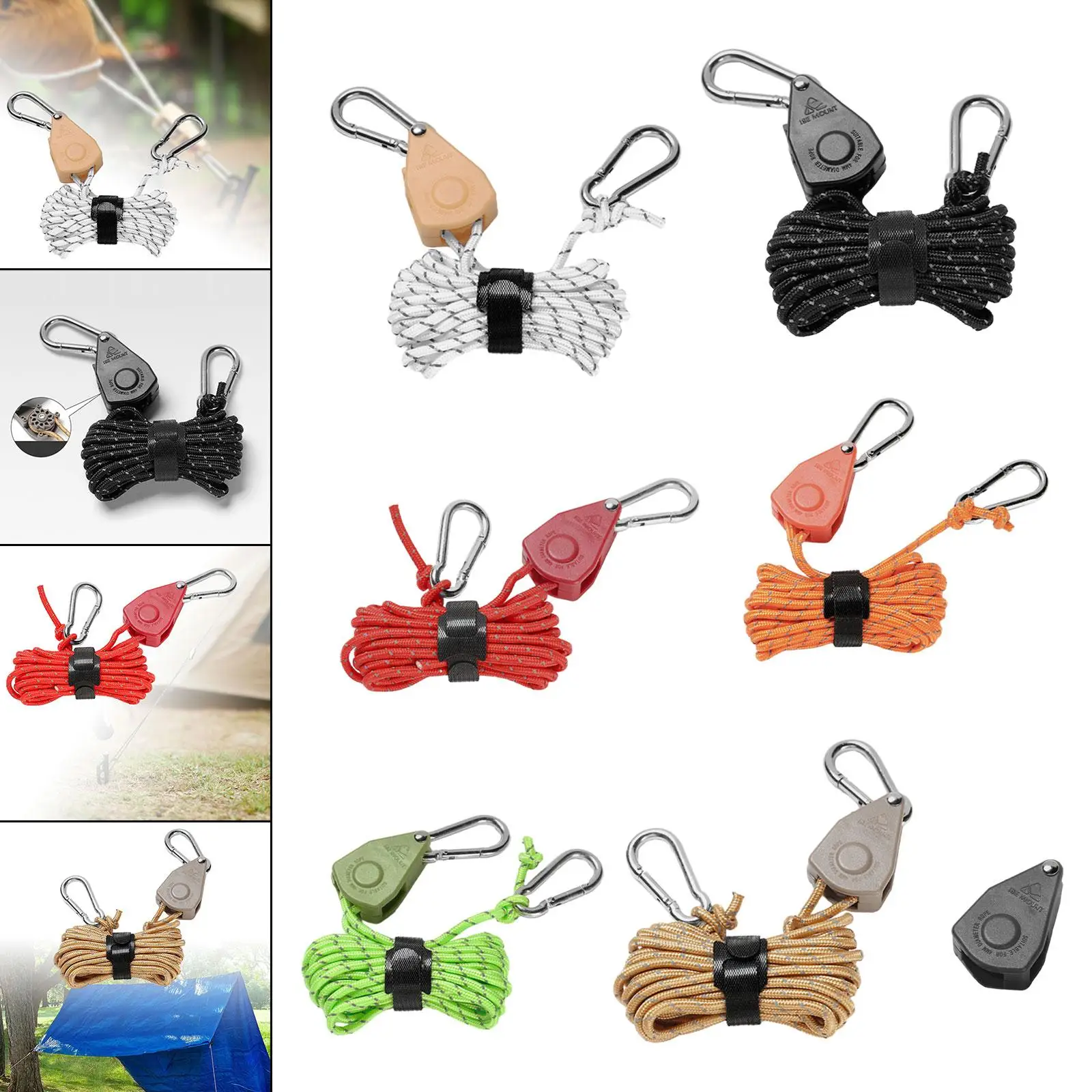 Pulley Ratchet Rope Hanger Tightener Camping Rope Tent Guide Rope with Carabiner for Tent Gardening Awning Outdoor Backpacking