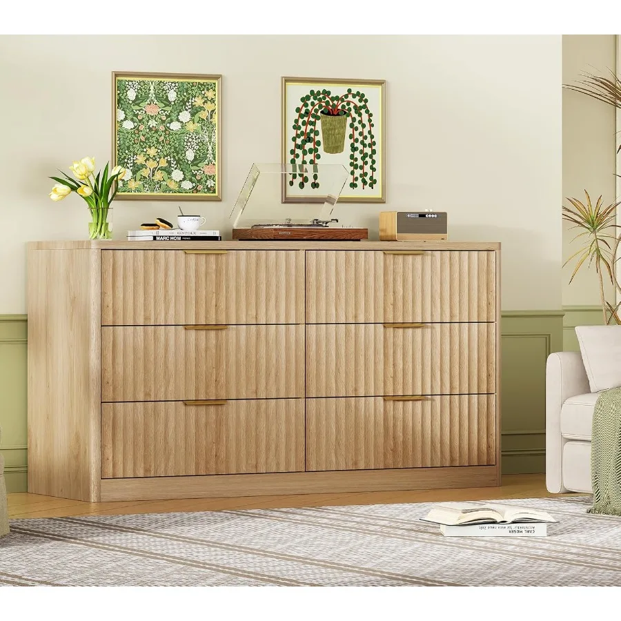Fluted 6 Drawer Dresser for Bedroom Wide Modern Chest of Drawers with Metal Handle Curved Profile Design Wood Closet Clothes St