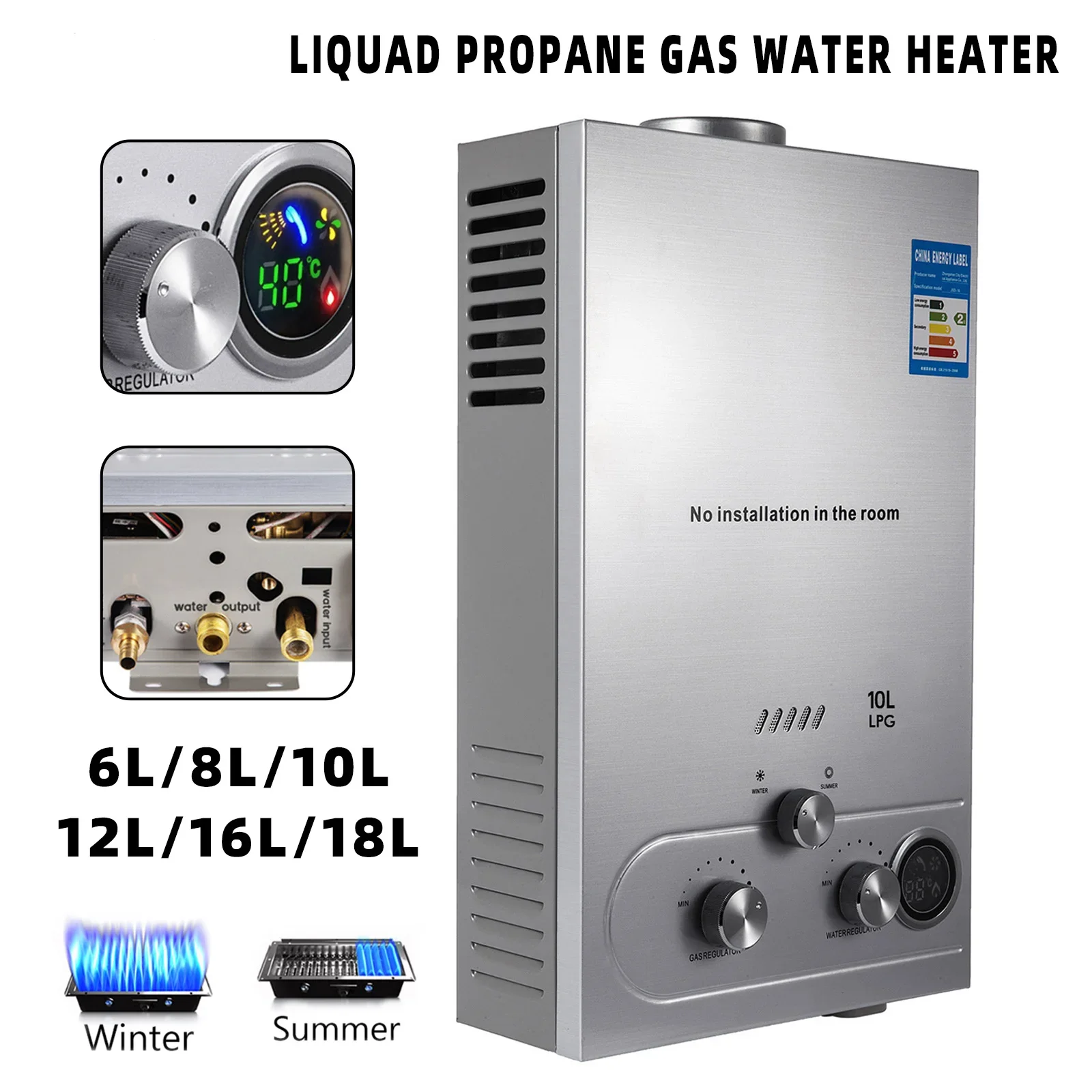 Calentador de agua a Gas de 6L, Gas licuado de petróleo, calentador de agua sin tanque bajo demanda, calentador de caldera instantánea Digital de acero inoxidable, Kit de camping