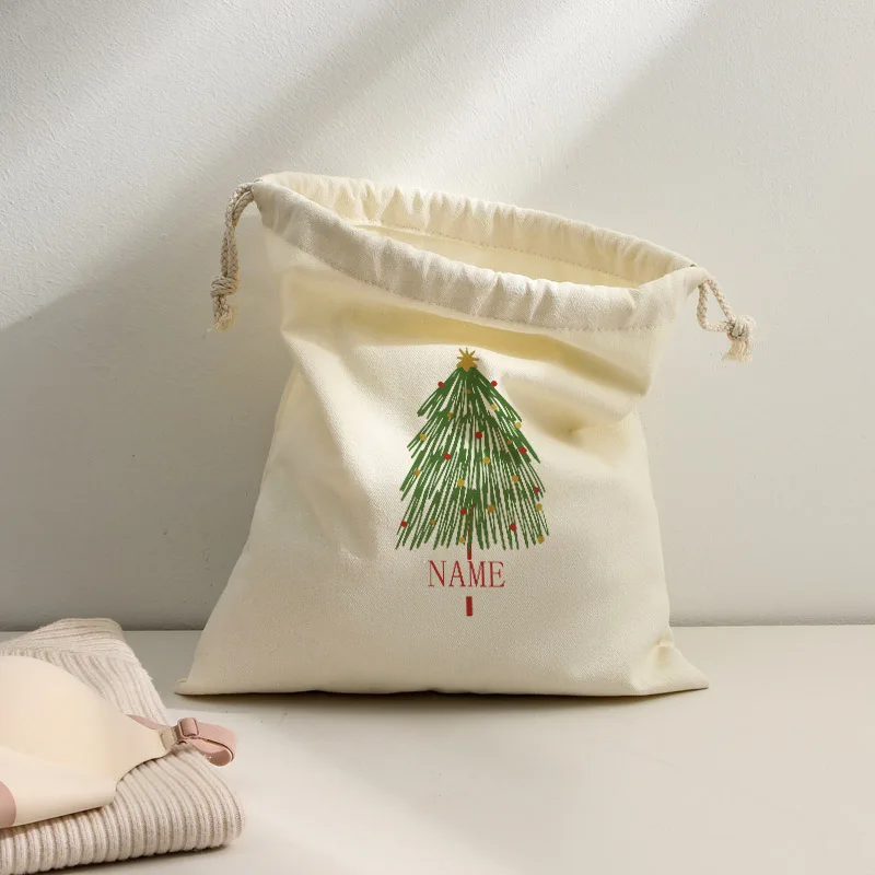 Borsa con coulisse beige personalizzata per bomboniere, nome personalizzato, albero di Natale, vacanze, alberi Boho, regalo per madre, sorella, fidanzata