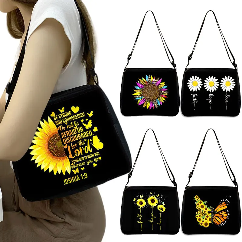 Vintage Faith Cross Hope Love Sunflower Butterfly Print Shoulder Bag Christian Women Handbags Travel Phone Holder Crossbody Bag