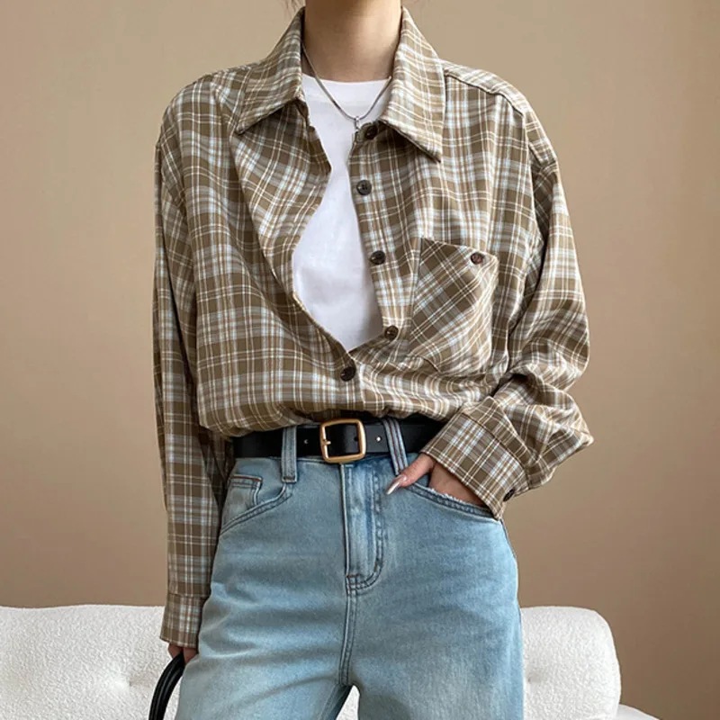 HKSH 春秋の新女性シャツコントラストカラーチェック柄デザインターンダウン襟長袖ポケット Y2K トレンディカジュアルトップ HK11027