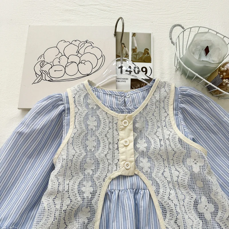 Girls Striped Dress & Lace Vest Set – 2-Piece Layered Outfit with Long Sleeve Top & Sleeveless Cardigan for Spring