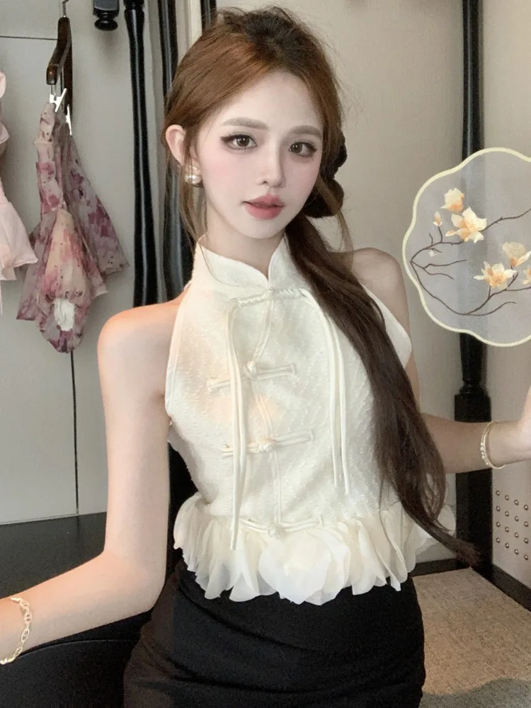 

New National Style Short Sleeveless Vest Women's Spring Summer New Style Qi Class Flower Embroidery Stand Collar Button up Top