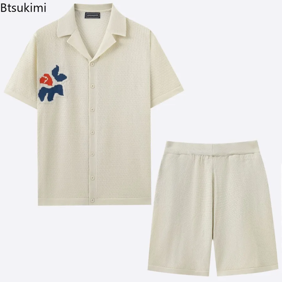Fashion New Men's Summer Ice Silk Knitted 2-pieces Cuban Collar Short Sleeve Shirt and Shorts Male Beach Casual Vacation Outfits