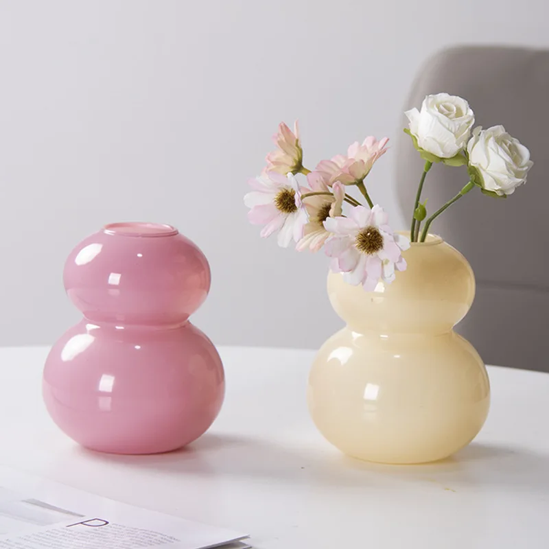 

Cute Pink Flower Vase, Aesthetic Handmade Glass Vase for Flowers, Round Decorative Vase for Living Room Dining Table Decorations