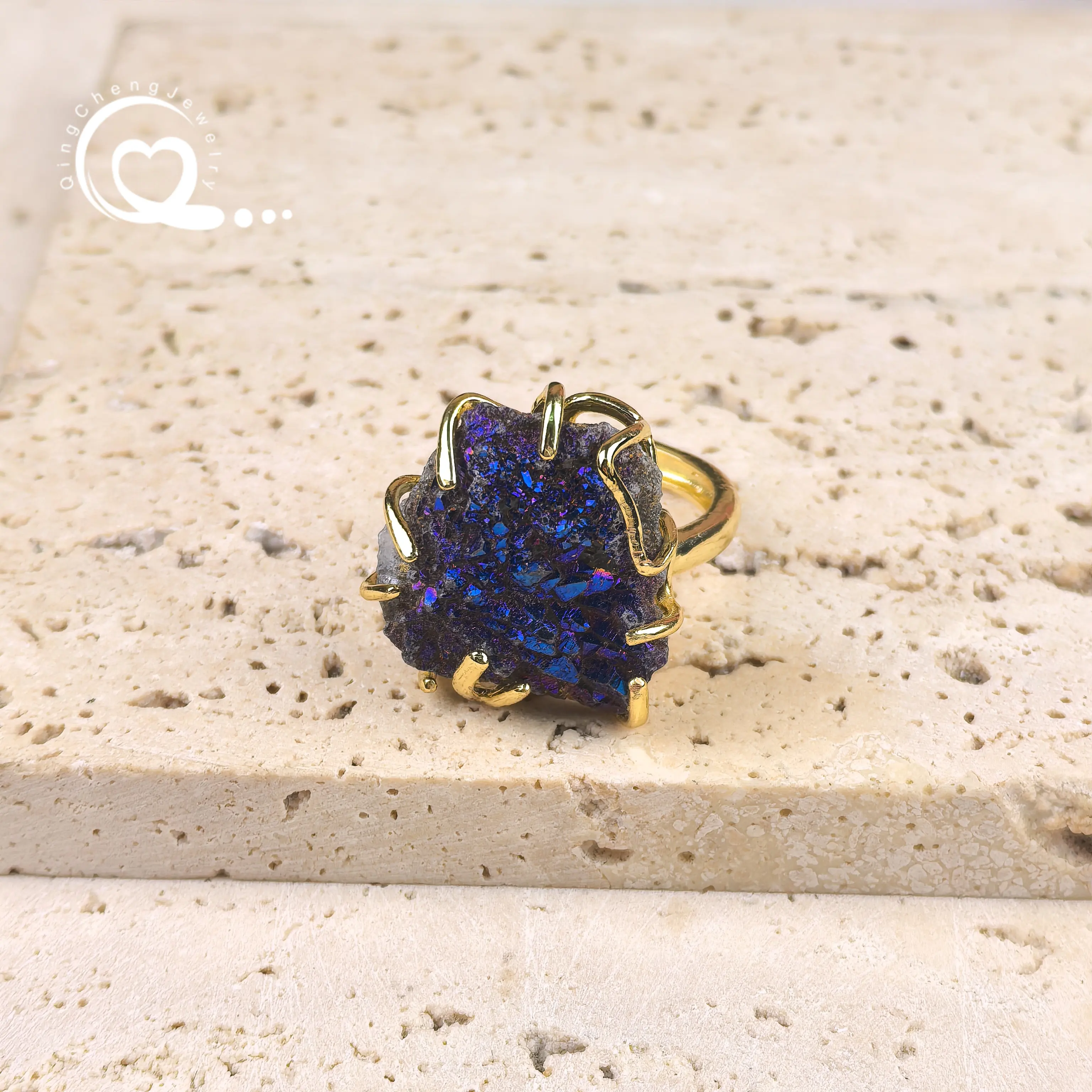 Natural Quartz Geode Druzy Rings Titanium Crystal Drusy Nugget Adjustable Finger Ring Women Fashion Bohemia Jewelry Gifts,QC4237