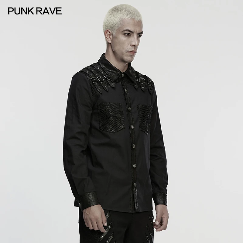 PUNK RAVE Men's Punk Street Rock Cracked Faux Leather Irregular Tattered Mesh Splicing Shirt Gothic Skull Shaped Buttons Tops