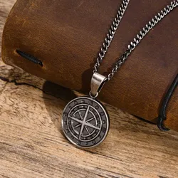 Men Retro Silver Color Seeker Compass Necklaces, Rock Punk Vintage Metal Stainless Steel Round Coin Pendant Collar Gift Jewelry